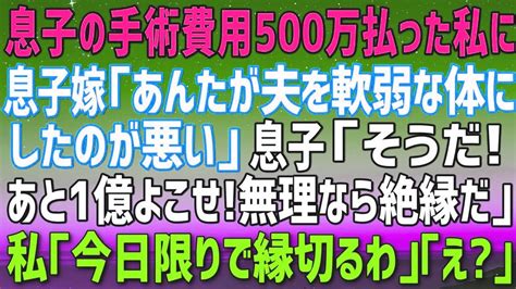 【スカッとする話】息子の手術費用全額払った私に嫁「あんたが夫をこんな軟弱な体にしたのが悪い！」息子「そうだ！あと1億は出せ！無理なら絶縁だ