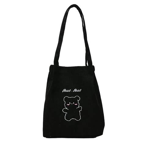 Loygkgas Unisex Adult Corduroy Bear Pattern Shoulder Bag Large Capacity Handbags Black