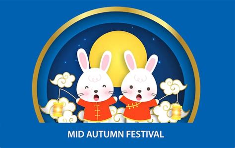 Premium Vector Mid Autumn Festival Banner With Cute Rabbits In Paper