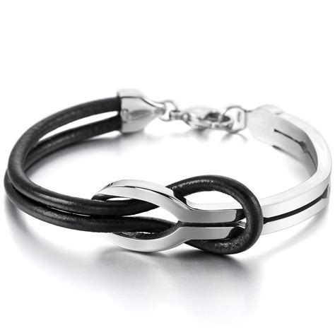 Mowom Silver Tone Black Stainless Steel Genuine Leather Bracelet Bangle