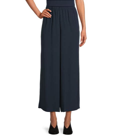 Eileen Fisher Silk Georgette Crepe Elastic Waisted Wide Leg Pull On