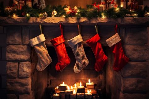 Premium Ai Image Christmas Stockings Hanging Over A Cosy Fireplace On