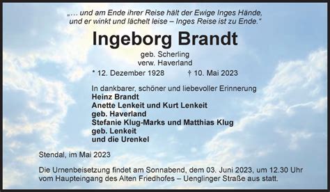 Traueranzeigen Von Ingeborg Brandt Abschied Nehmen De