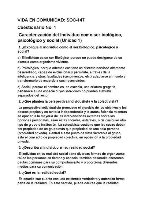 Tarea De Vida En Comunidad Vida En Comunidad Soc Cuestionario No