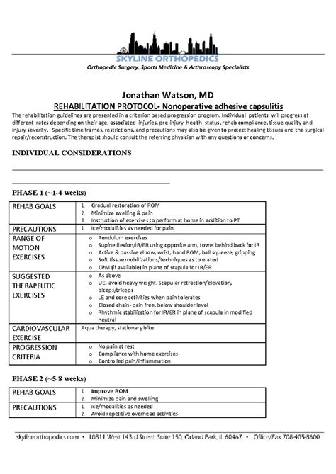 Pt Nonop Frozen Shoulder Jonathan Watson MD REHABILITATION PROTOCOL