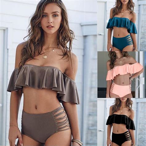 Strapless Swimming Suit Pure Color Women Summer Beach Flouncing Bikini