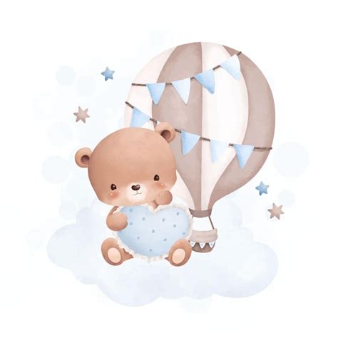 Ilustraci N Acuarela Lindo Osito De Peluche Se Sienta En La Nube Con