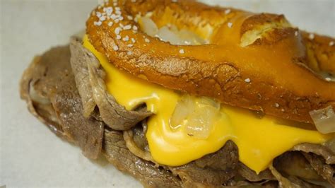 Wow Philly Cheesesteak On A Soft Pretzel Bun Peter And Sons Jl