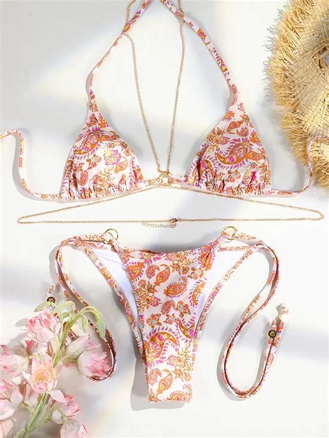 Printed Triangle Floral Print Bikini Set With Thong Chain Sexy Women S