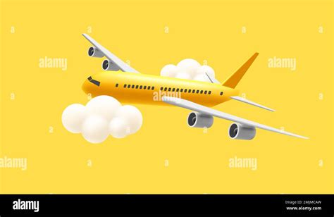 3d Yellow Glossy Commercial Jet Airplane In The Clouds Render Cartoon