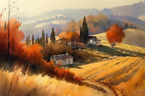 Premium AI Image | A painting of a village in autumn