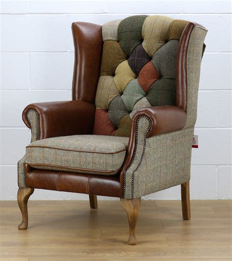 Harris Tweed Patchwork Chair L002H Medium Brown Leather Etsy UK