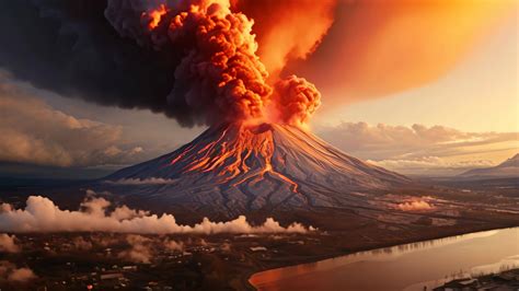 AI generated Volcanic eruption at sunset, 3d render of volcanic ...