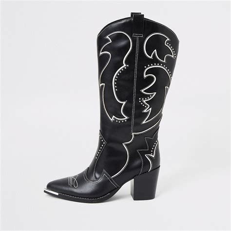 Black High Leg Heel Cowboy Boots River Island Boots Boot Shoes