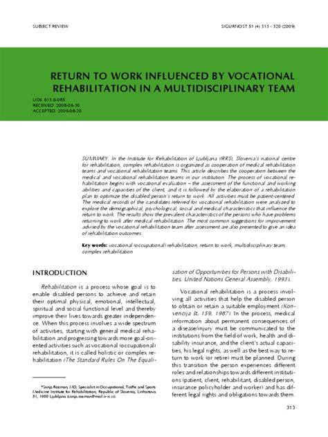 Return To Work Influenced By Vocational Rehabilitation In A