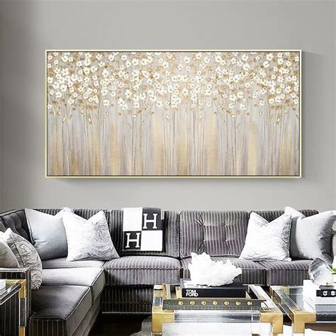 Pintura De Flores Blancas De Oro Arte De Pared Texturizado Con Hoja De