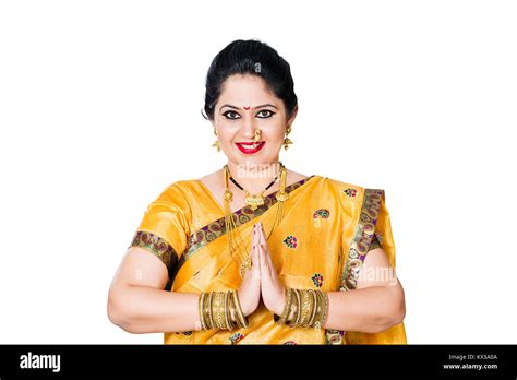 Indian Traditional Marathi Housewife Woman Joined Hands Namaste Welcome