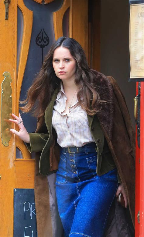 Felicity Jones In A Tan Leather Coat On The Set Of The Borderland In