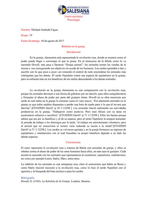 Ensayo De La Rebelión En La Granja Lecto Escritura Psicología Nombre Michael Andrade Cagua