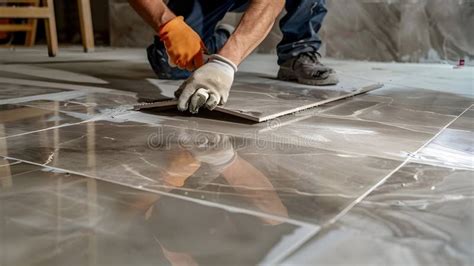 Professional Construction Worker Tiler Laying Adhesive And Placing