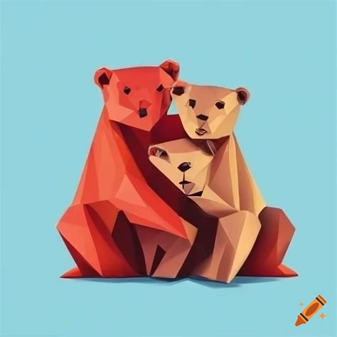 Origami high poly pair of bear cubs with fruits, salad, nuts, and pasta on matte background on ...