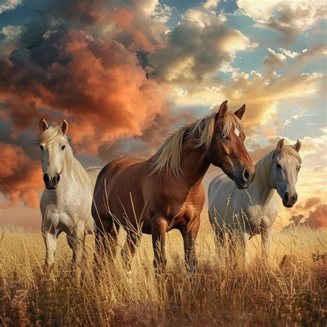 Premium Photo Three Horses Standing In A Field With A Cloudy Sky In