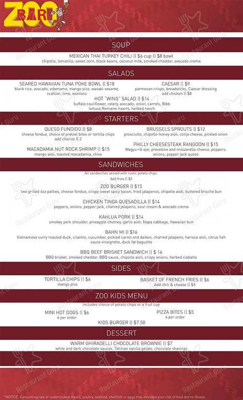 Menu at Zoo Bar, USA, 600 Highlands Dr