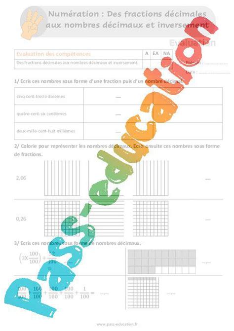 Des Fractions Décimales Aux Nombres Décimaux Et Inversement Évaluation Bilan Au Cm1 Cm2