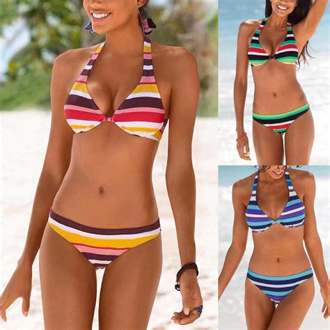 Buy Dre Women Boho Stripes Halter Push Up Bandeau Bikini Set Two Piece