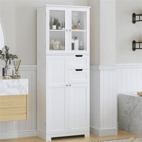 Homfa 67" Tall Bathroom Cabinet, White Linen Cabinet with Doors and