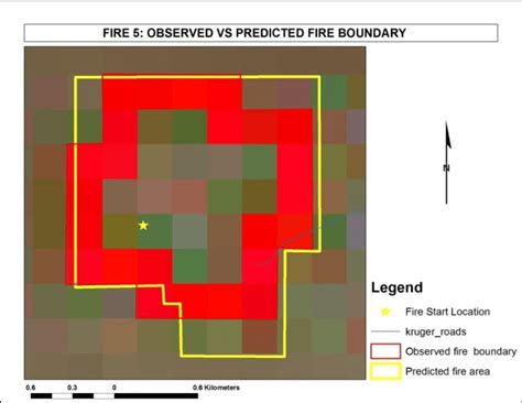 shows a comparison of the predicted fire area compared to the actual