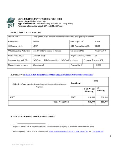 Fillable Online Gef 6 Project Identification Form Pif Part I P Fax