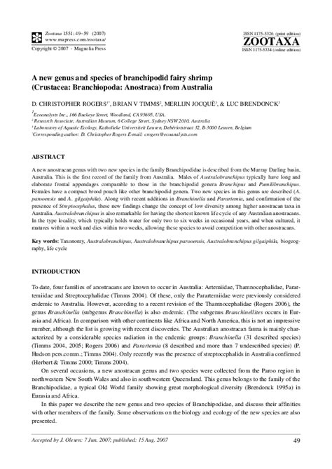 (PDF) A new genus and species of branchipodid fairy shrimp (Crustacea: Branchiopoda: Anostraca ...