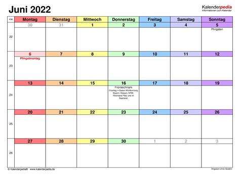 Kalender Juni 2022 Als Excel Vorlagen