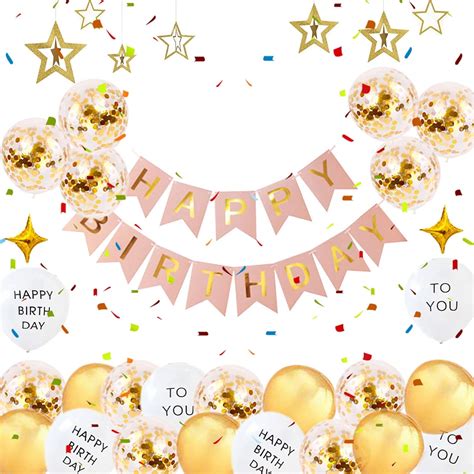 Happy Birthday Decorations Banner 32 Pcs Pink Golden