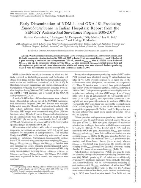 Castanheira Et Al 2011 Early Dissemination Of Ndm 1 And Oxa 181