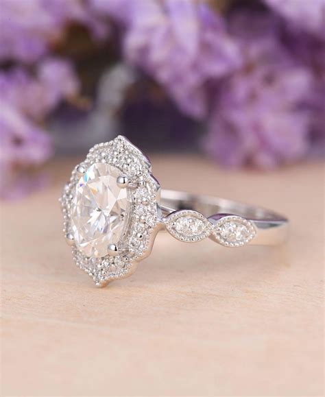 Moissanite Engagement Ring Vintage Women Oval Cut K Gold Milgrain