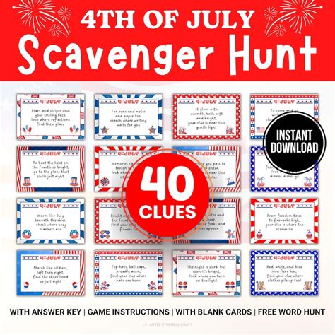 4th of July Scavenger Hunt Clues, Printable Indoor Treasure Hunt Clues ...
