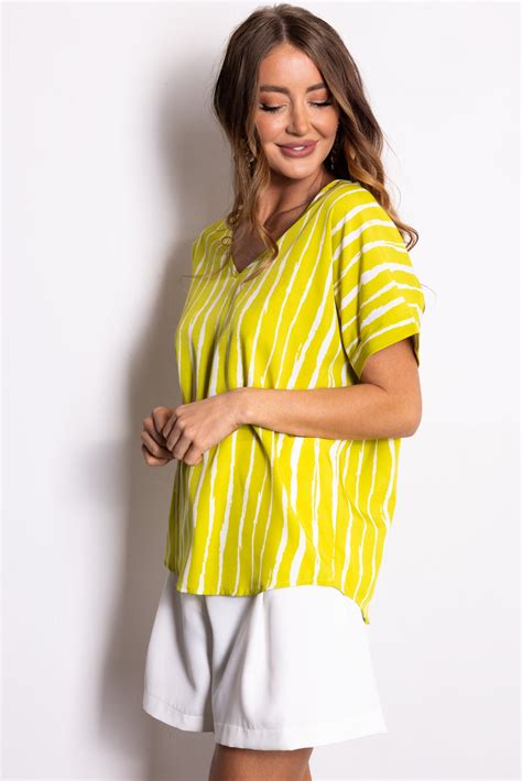 Lime V Neck Short Sleeve Stripe Blouse Lime Lush Boutique