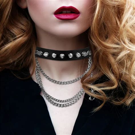 Boniskiss Women Multilayer Chain Necklaces Female Punk Rock Gothic Style Leather Spike Rivet