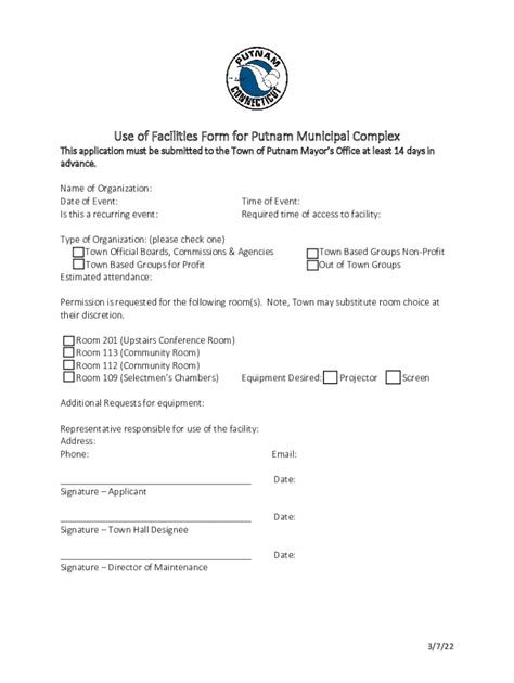 Fillable Online Use Of Facilities Form For Putnam Municipal Complex Fax