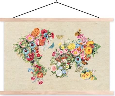 D Coration Murale Carte Du Wereldkaart Fleurs Papier Kraft