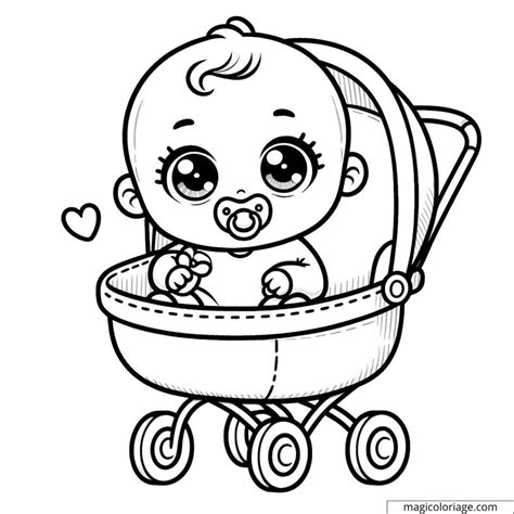 Coloring page of baby in a stroller with a pacifier