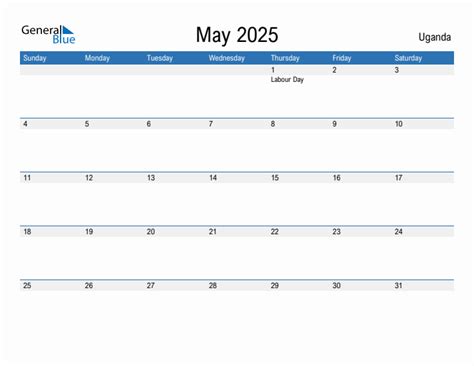 Editable May 2025 Calendar with Uganda Holidays