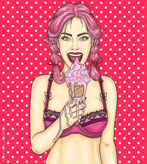 Pop Art Pin Up Young Sexy Girl Eating Ice Cream Stock Vector Adobe Stock