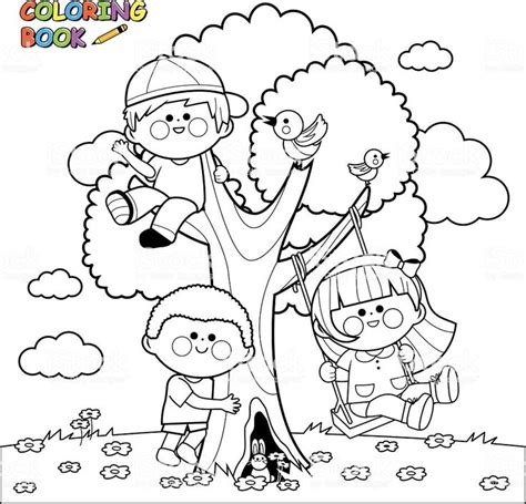 Ilustraci 243 N De Ni 241 Os Jugando En Un 225 Rbol Libro Para Coloriage Coloriage Arbre