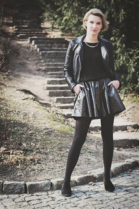 Black Leather Moto Jacket And Leather Skater Skirt With Opaque Black