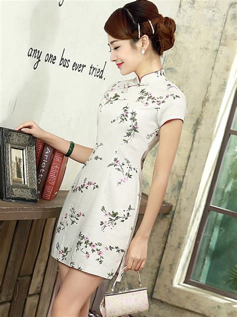 Beige Short Floral Linen Qipao Cheongsam Dress Cozyladywear