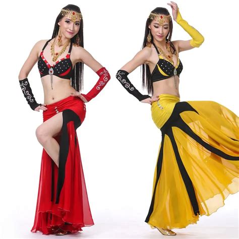 Performance Belly Dance Outfit Set Rhinestone Bra And Chiffon Skirt With