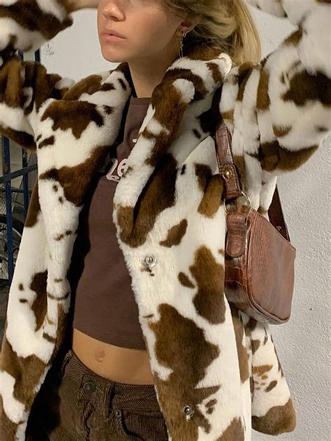 2022 Cow Print Faux Fur Jacket Brown S In Jackets And Coats Online Store